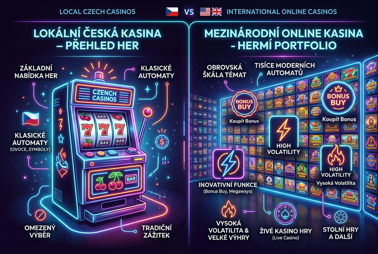 Infografika srovnávající herní nabídku a funkce zahraničních kasin oproti českým licencovaným hernám