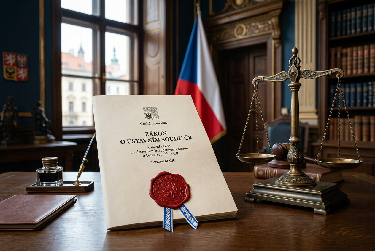 Právní dokumenty s českou vlajkou a váhami spravedlnosti