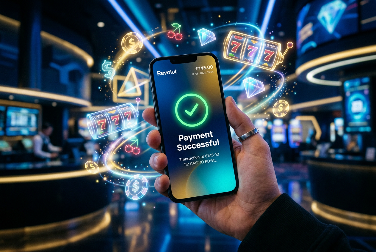 Mobilní telefon s aplikací Revolut a pozadím herního rozhraní online casina